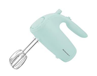 Elite Gourmet EHM003M Ultra Power Küchenhandmixer, elektrisch, 5 Gang, mit 2 extra breiten Edelstahl-Rühren für glatte, cremig geschlagene Mischungen, plus praktische Rühreraufbewahrung, mintblau