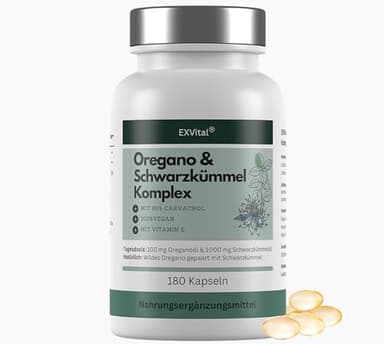 EXVital® Oregano- & Schwarzkümmelöl Komplex, 180 vegane Kapseln, 100 mg Oreganoöl & 1000 mg Schwarzkümmelöl pro Tag, 80% Carvacrol, hochdosiert & Ohne Zusätze