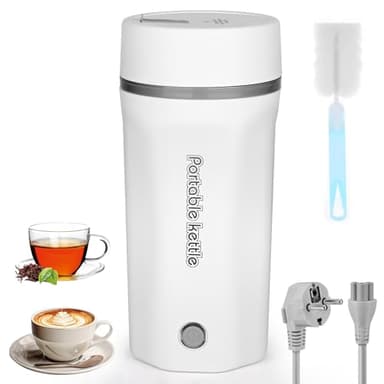 Reise Wasserkocher Klein Elektrische Wassertasse 500ML Tragbarer Mini-Heizbecher 304 Edelstahl Liner 220V 300W Schnellkoch Teekanne Heizbecher mit Automatischer Abschaltung (Weiß)