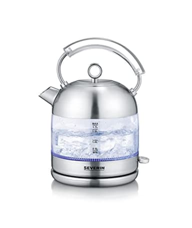 SEVERIN Retro Glas Wasserkocher, XXL-Füllvolumen von 1,7L, leistungsstarker und kompakter Wasserkocher im hochwertigen Retro-Design, elektrisch, Glas/Edelstahl-gebürstet, WK 3459