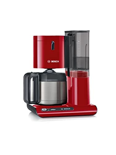 Bosch Filterkaffeemaschine Styline TKA8A054, Edelstahl-Thermokanne 1,1 L, für 8-12 Tassen, abnehmbarer Wassertank, Tropfstopp, schwenkbarer Filterträger, Kabelstaufach, 1100 W, rot