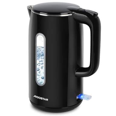 Aigostar Wasserkocher Edelstahl Schwarz 1,7 Liter - Schnelles Electric Kettle 2200W, Doppelwand Hitzeschutz, Ohne Plastik Inner, Wasserstandsanzeige, Auto Abschaltung, BPA-frei, ideal für Küche Büro