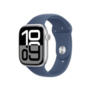 Apple Watch Series 10 (GPS 46 mm) Smartwatch mit Aluminiumgehäuse in Silber und Sportarmband in Denim (S/M). Fitnesstracker, EKG App, Always-On Retina Display, Wasserschutz