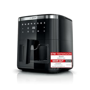 Bosch Heißluftfritteuse Serie 6, XXL 7,2 L Fassungsvermögen, 7 voreingestellte Programme, beleuchtetes Sichtfenster, bis zu 65% schnelleres Kochen, AirFryer in Schwarz, MAF671B0