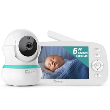 CAMSTRO Babyphone mit Kamera, 5000 mAh Akku mit 5 Zoll Bildschirm, 355° Schwenken- 4X-Digital-Zoom, Babyfone ohne WLAN, 2 Wege Audio, Weinen/Geräuscherkennung, 5 Schlaflieder, Nachtsicht