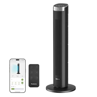 Pureborne 91CM Leiser Ventilator, 90° Oszillation Turmventilator, Standventilator mit Fernbedienung & WLAN, 4 Stufen & 4 Modi, 12H Timer Turmventilatoren für Schlafzimmer, Schwarz