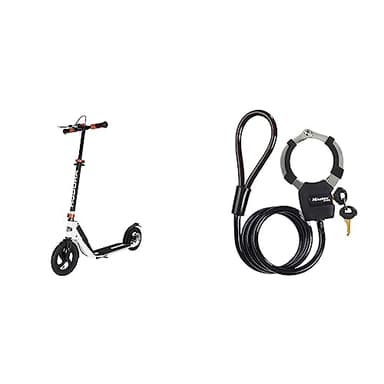 HUDORA BigWheel Air Dual Brake 230 - Scooter mit Handbremse und Luftreifen - Tretroller luftbereift - City Scooter & Master Lock Kabelschloss mit Schlüssel [Kabel 1m] 8275EURDPROBLK