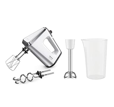 Krups 3 Mix 9000 Handmixer, 750 Watt, Geschwindigkeitsregler, Turbomodus, ergonomischer Griff, Handrührgerät inkl. Schneebesen, Knethaken, Pürierstab-Aufsatz, Messbecher, weiß/silber, GN9121