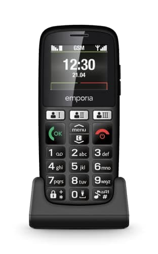 Emporia Happy Handy für Senioren, robust und hochwertig, hohe Lautstärke, Farbdisplay, Bluetooth, 3 Schnellanruftasten, große Tasten beleuchtet, Ladestation, Schwarz (Italien)