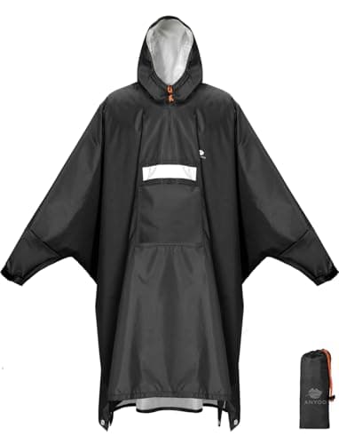 ANYOO Wasserdichter Regenponcho Winddichter Regenmantel mit Seitlichem Reißverschluss, Leichter Regenjacke mit Verstellbaren Ärmeln für Outdoor Wandern Radfahren, Einheitsgröße, Schwarz