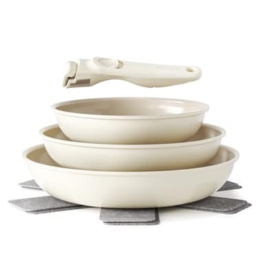 Redchef Pfannenset mit Abnehmbarer Griff, Pfanne Induktion, Keramikpfanne mit Antihaftbeschichtung, 6-Teiliges 20, 24, 28 cm Platzsparend Keramik Pfannen, PTFE-, PFOA- und PFAS-frei, Beige