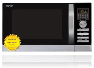 SHARP 843 INW Mikrowelle mit Grill & Heißluft – 25 L, 900 W, 10 Automatikprogramme, Edelstahl-Garraum, LED-Display, Kindersicherung, Energiesparmodus, Silber/Schwarz