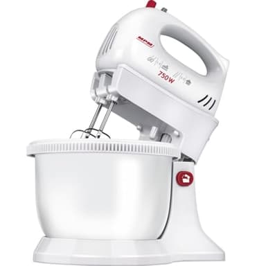 MPM MMR-16Z Teigknetmaschine mit Rotierender Schüssel 3,4 L, BPA frei, Knetmaschine Küchenmaschine, 5 Geschwindigkeiten + Turbo, Stangen und Knethaken Edelstahl, Weiß, 750W