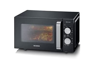 SEVERIN 2-in-1 Mikrowelle mit Grill, Nutzung auf 2 Ebenen, flacher Glasboden statt Drehteller mit XXL-Nutzfläche für eckiges Geschirr, leichte Reinigung, Mikrowellengerät, 20L, Schwarz, MW 7762