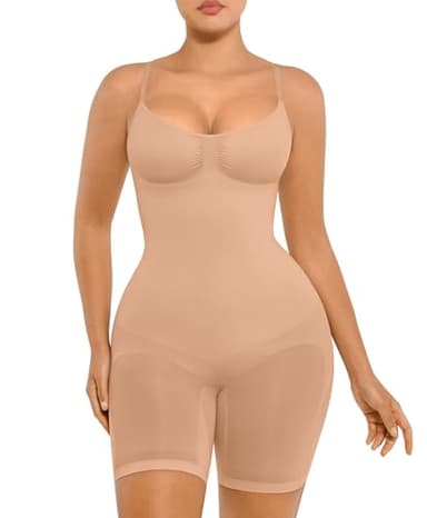 FeelinGirl Shapewear Damen Body Shaper Bauchweg Sculpting Nahtloser Atmungsaktiver Bodysuit mit Verstellbarem Schultergurt Überbrust V-Ausschnitt Ton M/L