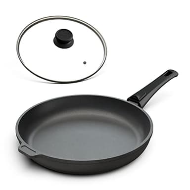 Hoffmann Extra große Aluguss Bratpfanne 32 cm mit Deckel Induktion 4,5 cm Innenhöhe I Made in Germany I Antihaft Beschichtung I Verzugsfreier Boden Induktionsgeeignet mit Glasdeckel