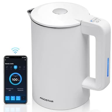 Aigostar - Smart Wasserkocher mit Temperatureinstellung 40°C-100°C, WiFi Steuerung Kompatibel zu Alexa, 1,7 L Edelstahl Doppelwand Cool Touch, Leise & Kabellos, Warmhaltefunktion, Weiß