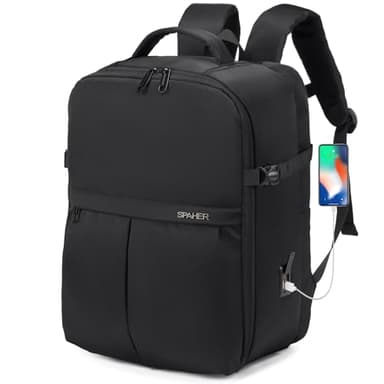 SPAHER Reiserucksack Handgepäck 40x30x25 Eurowings Laptop Rucksack 15,6 Zoll mit Laptopfach Business Arbeit Reisen Rucksack Herren Schulrucksack für Teenager Notebook College Damen Schwarz