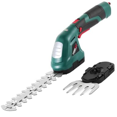 POSENPRO Akku-Grasschere 7,2V, Grasschere und Strauchschere Elektrisch mit 2 Messern 1.500mAh Akku und 180° drehbarer Griff, 2 in 1 Heckenschere Grasschneider, Schnittbreite 10cm, Schnittlänge 20cm