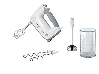 Bosch Handrührer ErgoMixx MFQ36470, 2 Rührbesen, 2 Edelstahl-Knethaken, Edelstahl-Mixfuss, Mixbecher, 5 Stufen plus Turbostufe, 450 W, weiss/grau