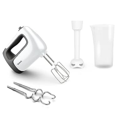 Tefal Prep'Mix+ Handmixer mit Pürierstab, 500 Watt, Schiebeknopf mit 5 Geschwindigkeiten + Turbo, inkl. Zubehör: 2 Schneebesen/2 Knethaken/Pürierstab/Messbecher, weiß/schwarz, HT4611
