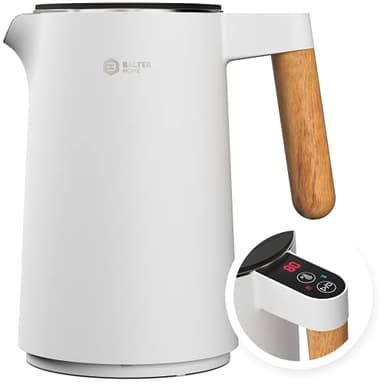 BALTER Edelstahl Wasserkocher mit Temperatureinstellung, 40°C-100°C, Doppelwand, BPA frei, leise & kabellos, Kettle, Teekocher mit Temperaturwahl, 1.5L, 2200W, Grau