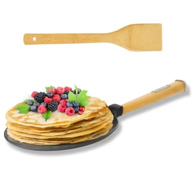 4BIG.fun Pfannkuchen Bratpfanne aus Gusseisen 24 cm BRIZOLL mit Holzgriff abschraubbar und Pfannenwender von 4big.fun *** Pancake Crepes *** Alle Herdarten inkl. Induktion *** Crepepfanne Omlettpfanne