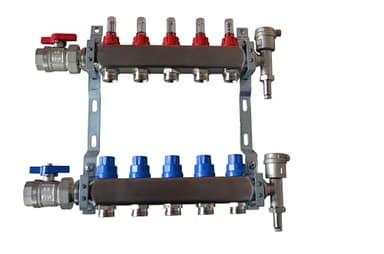 Heizkreisverteiler aus Edelstahl mit Eurokonus, Fußbodenheizung, Durchflussmesser, 1" Kugelhähne, Schnellentlüfter Set (5 Heizkreise)