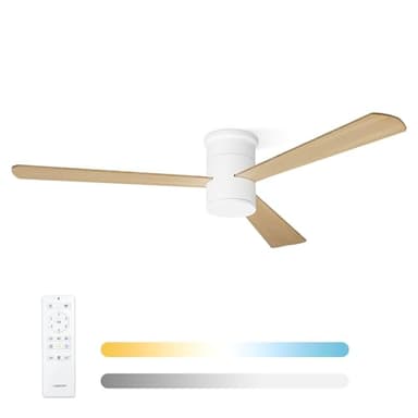 Noaton Deckenventilator mit Beleuchtung und Fernbedienung, Naturholz, 3 Flügel, Liese, 6 Geschwindigkeiten, Ø132 cm, Dimmbar LED 22,9 W, Timer, DC-Motor 34 W, Sommer-Winterbetrieb