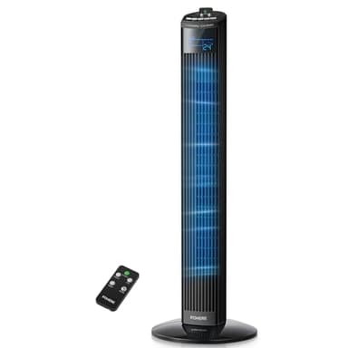 FOHERE Turmventilator mit Fernbedienung, Oszillierender Tragbare Ventilatoren, 12H Timer, 3 Modi, 3 Geschwindigkeiten, Leiser Standventilator