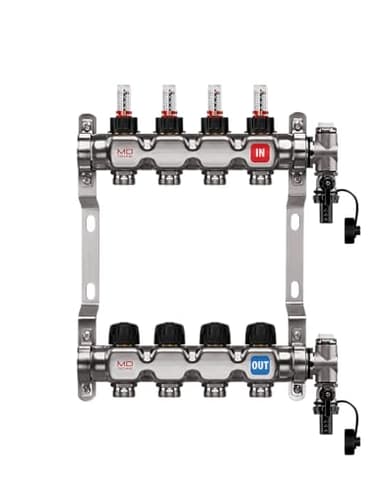 MD Technic Heizkreisverteiler aus Edelstahl von 2 bis 12 Heizkreisen mit Druchflussmessern, Handventilen, Wandhalterungen, Endset zum Befüllen und entlüften (4 Heizkreise)