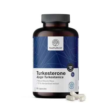 HealthyWorld® Turkesteron 1200 mg - 90 pflanzliche Kapseln - Extrakt aus Ajuga Turkestanica - Hohe Konzentration - Ohne Gentechnik - Beliebt bei Sportlern und Bodybuildern
