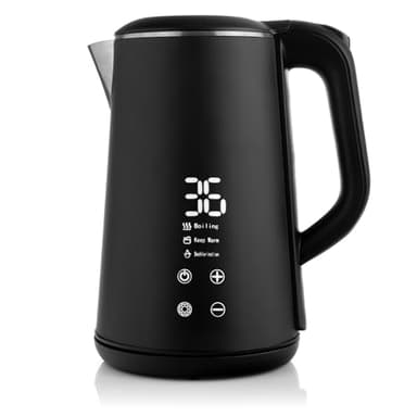Lehmann LHOEK-1516 Elektrischer Wasserkocher aus Edelstahl, 1500 W, 1,6 Liter, Wasserkocher mit Temperaturanzeige, Schnelles Aufheizen, Warmhaltefunktion, 360° Basis, Wasserkocher Schwarz Matt