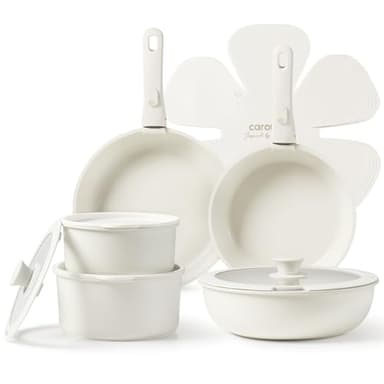 CAROTE Topfset mit abnehmbaren Griffen, Pfannenset 15-Teilig Antihaft Kochgeschirr, Topfset Induktion Backofen-/Spülmaschinensicher, PTFE/PFOA-frei, Weiß