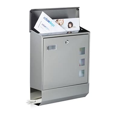 Relaxdays Briefkasten Edelstahl mit Zeitungsfach, Namensschild, Sichtfenster, HxBxT: 42 x 35 x 12,5 cm, Design, silber