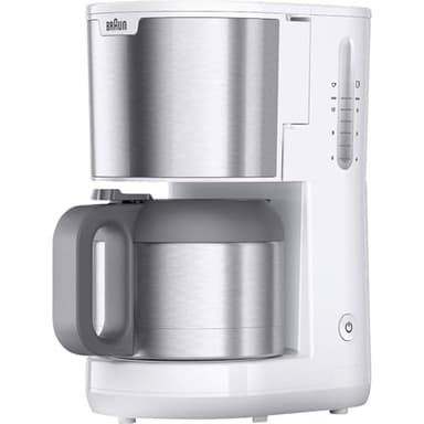 Braun PurShine KF1505 WH Filterkaffeemaschine, 1,2L Edelstahl-Thermokanne für bis zu 9 Tassen, OptiBrew-System, Tropf-Stopp-Funktion, schwenkbarer Filterkorb, Automatische Abschaltung, 1000W, Weiß