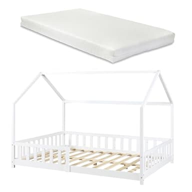 [en.casa] Kinderbett Hesel Hausbett mit Matratze 120 x 200 cm Weiß mit Rausfallschutz und Lattenrost Montessori Bodenbett Jugendbett Holzbett