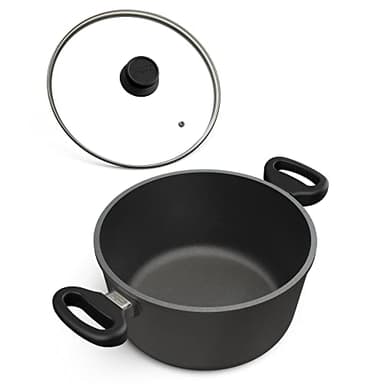 Hoffmann Aluguss Bräter Rund 11 cm Innenhöhe Ø 20 cm I 2,5 Liter I Elektroherd Induktionsherd Ceranfeld Gasherd I Hohe Schmorpfanne mit Glasdeckel