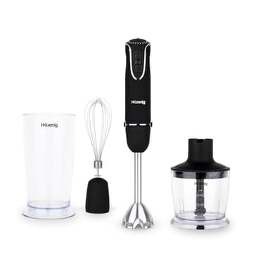 H.Koenig MIX75 Stabmixer-Set / Mixbecher, Schneebesen und Pürierstab / 5 Geschwindigkeitsstufen / 750 W / Spülmaschinenfest / Edelstahl / schwarz