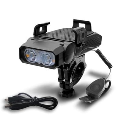 Multifunktionale Fahrrad Handyhalterung mit LED Frontlicht USB wiederaufladbar Powerbank & Fahrradklingel IPX4 Wasserdicht Universal für alle Handys & Fahrräder (Einzelleuchten)