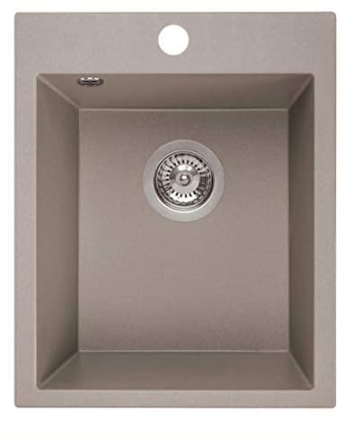 Manestein Spülbecken, Küchenspüle aus Granit, Einbauspüle, Einzelbecken mit Siphon, Fleckenbeständig und Pflegeleicht, 80% Quarzsand, 1 Becken, 48 x 39 cm, Grau