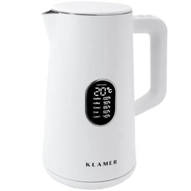 KLAMER Wasserkocher Edelstahl 1,5L 1800W elektrischer Wasserkocher weiß mit Temperatureinstellung zwischen 40-100°C, Teekocher BPA-frei