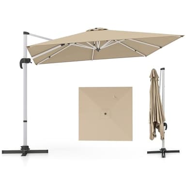 COSTWAY Sonnenschirm rechteckig 300 x 300 cm, großer Ampelschirm mit Kurbel, Gartenschirm neigbar, 360° drehbar, Terrassenschirm, Marktschirm für Garten, Terrasse, Balkon (Beige)