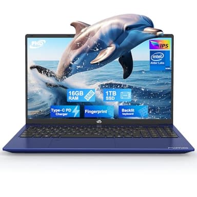 NIMO 15.6" Laptop FHD Computer: 16GB RAM, 1TB SSD, Win 11 Home, Intel N100(bis 3,4GHz, 4 Kerne), Fingerabdruckleser, 65W PD, Tastatur mit Hintergrundbeleuchtung, leichtes Notebook, Blau