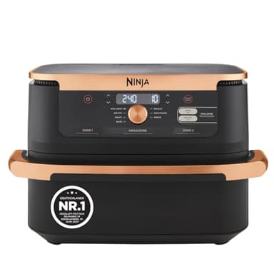 Ninja Foodi FlexDrawer Dual Zone Heißluftfritteuse, Airfryer mit 10,4-Fach und herausnehmbarem Trenner, Antihaftbeschichtung, spülmaschinenfester Korb, 7-in-1, Schwarz & Kupfer, AF500EUCP