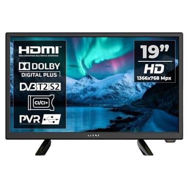 Kiano 19" Camping Fernseher – DLED HD TV (1366×768) – 12V/230V – DVB-T2/S2/C – HDMI USB CI VGA – Kompakt & mobil – Schwarz