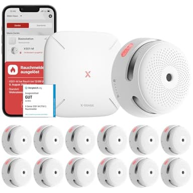 X-Sense Smart Rauchmelder XS01-M mit SBS50 Basisstation, Zertifiziert nach EN 14604, Funkrauchmelder mit WLAN, vernetzbarer Feuermelder, kompatibel mit der X-Sense Home Security App, FS121, 12 Stück