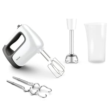 Tefal Prep'Mix + Handmixer mit Pürierstab, ideal für leichte und zähe Zubereitungen, leistungsstarker 500-W-Motor, 5 Geschwindigkeiten, Turbo-Funktion, Pürierstab-Aufsatz, weiß/grau, HT462138