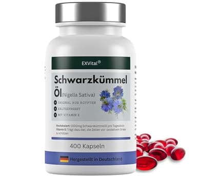 Schwarzkümmelöl Kapseln, 1000 mg, EXVital, kaltgepresst, ägyptisch, naturbelassen, mit Vitamin E, 400 Softgel Kapseln für mehr als 6 Monate, Premiumqualität, Kein Magnesiumstearat, 1er Pack (1x280g)