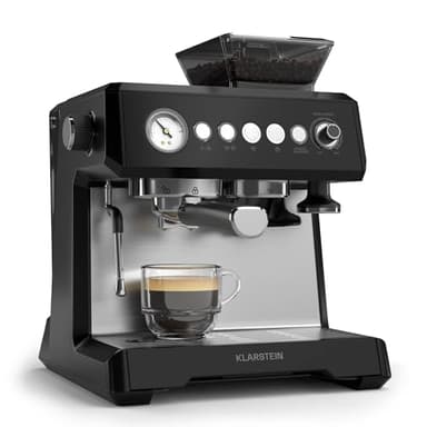 Klarstein GrandPresso Siebträgermaschine Mit Mahlwerk – 20 Bar, 1.350 W, Integriertes Präzisionsmahlwerk, Dampfdüse, 2,3-l-Wassertank, Schwarz, Tassenwärmer